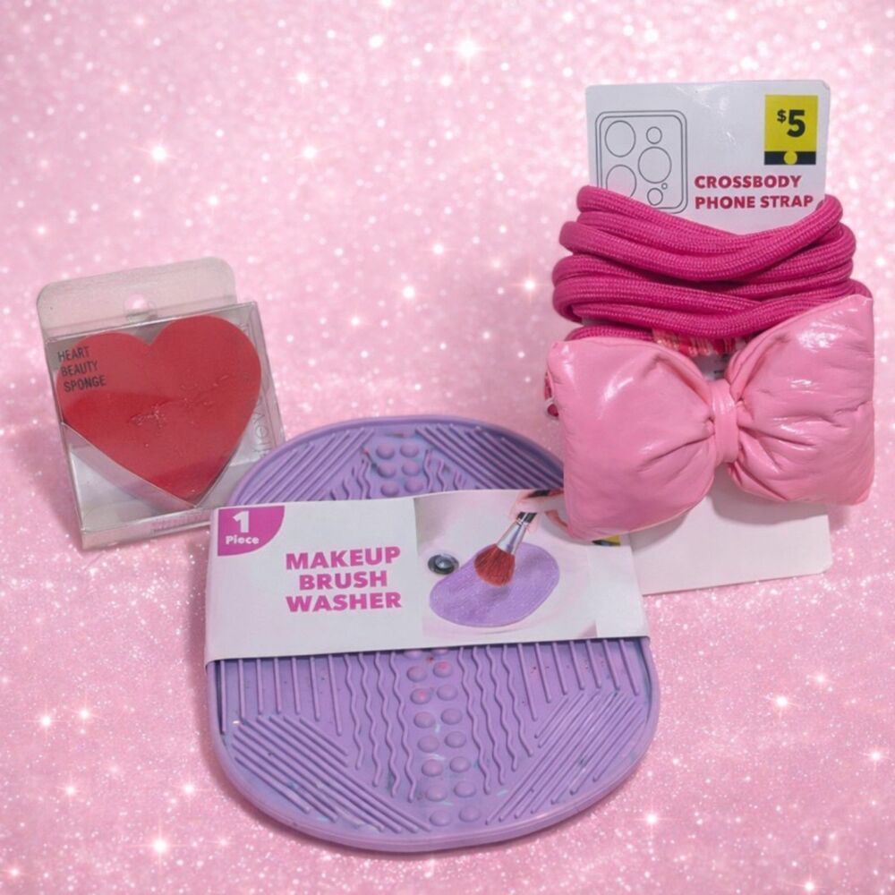 Pink Beauty Bundle Makeup Sponge Brush Cleaner Crossbody Phone Strap Gift Set